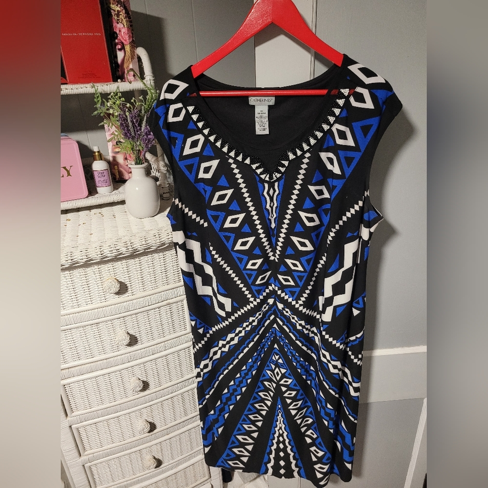 Catherines Black and Blue V-Neck Sheath Dress